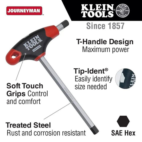 3/16 Inch Hex Key With Journeyman T-Handle Beefy Soft Grip For Real Torque, 6 Inch Length, Blade-Through-Handle Design For Maximum Power, Laser-Etched Size And Tip-Ident For Quick Identification, showcasing soft touch grips and treated steel