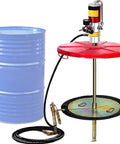 Heavy Duty Pneumatic Grease Pump Kit For 55 Gallon Drums With 16 Foot Hose Drum Cover And Follower Plate 50 To 1 Pressure Ratio. Grease pump kit setup with blue drum and red cover.