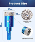 Front view of blue 25mm dry diamond core drill bit with triangle shank and diamond grit head