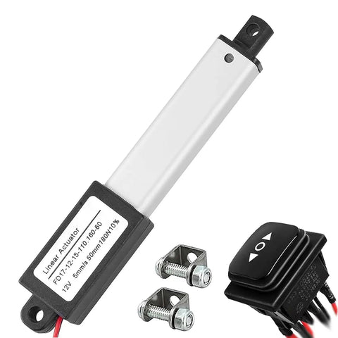 Mini 12V Linear Actuator With 2 Inch Stroke, 180N Waterproof Micro Electric Actuator displayed with mounting brackets and switch