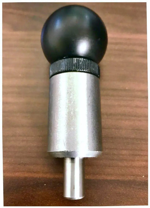 Badass Spring Loaded Pop Pull Pin With Smooth Brushed Steel Body And Zinc Black Knurled Grip Three Eighth Inch Diameter Plunger Measuring One And A Half Inches Long For Rock Solid Shop Use showing the plunger and grip.