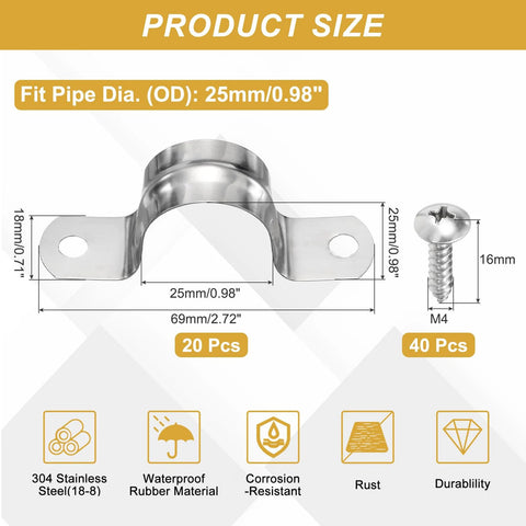 uxcell 20 Pcs 25mm 304 stainless steel rigid pipe strap U bracket with two holes, silver