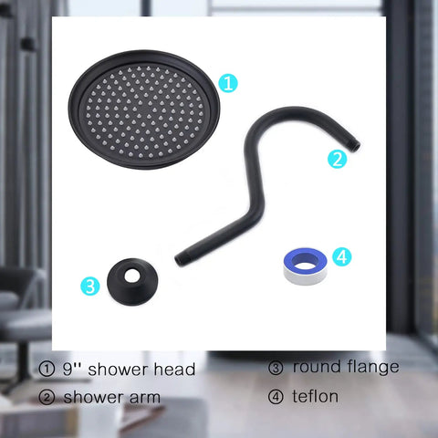 9 Inch Round Matte Black Antique Rain Shower Head Replacement With Swivel Ball Stainless Steel Wall Mount High Pressure Rainfall Waterfall Showerhead Vintage Vibe For Modern Bathrooms with parts labeled shower arm and flange.