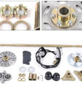 Rear Axle Kit For Go Karts 29 Inch 740mm Complete Brake Assembly Hub Chain Master Cylinder Caliper 58T Sprocket 160mm Discs 61 Inch Brake Hose Included For DIY Go Kart Racing Build And Off Road Fun, showing axle, brake parts, and sprocket