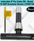 Five Inch Balanced Fly Cutter Indexable Face Milling Cutter With R8 Shank Seven Sixteenths UNF Drawbar Single TCMT1604 Insert Pro Grade Torx Screw And Star Key Included shown with front view and tool.
