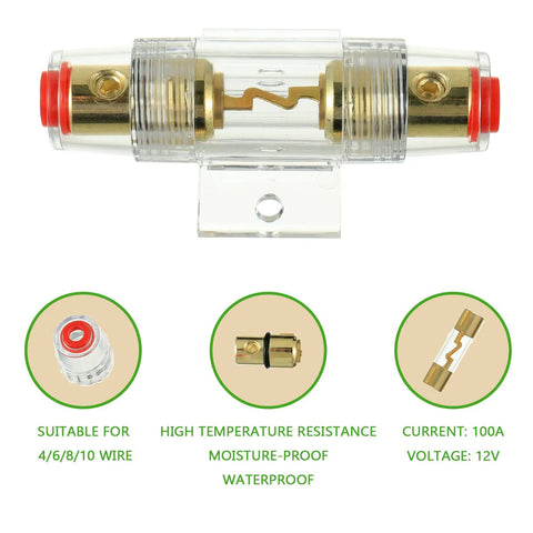 Heavy Duty 100 Amp In Line Fuse Holder with Agc Fuses 4 to 8 Gauge AWG Wire for Car Amps Stereos Boat Alarms Water Pumps fully waterproof clear fuse holder.