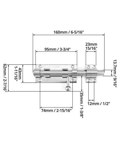 Heavy Duty Six Point Three Inch Stainless Steel Sliding Gate Bolt Lock With Padlock Ready Opening dimensions for mounting on barn doors.
