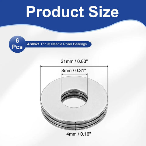 Heavy-Duty Needle Roller Thrust Bearings 8x21x4mm, 6 Pc Set With Washers, Chrome Steel dimensions with 8mm bore and 21mm OD