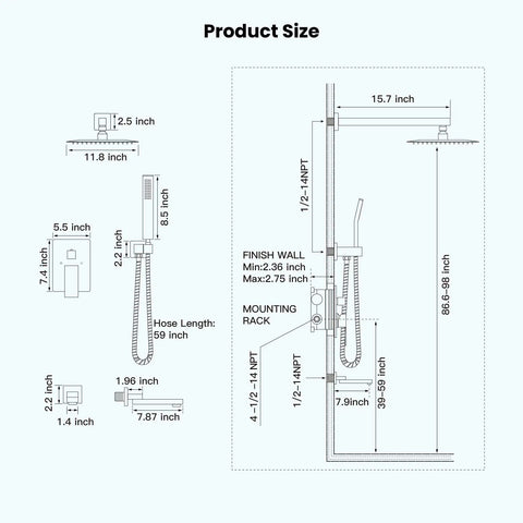 Rainfall Tub Shower Faucet Set With Handheld Sprayer Wall Mount Square High-Pressure Shower System size dimensions diagram