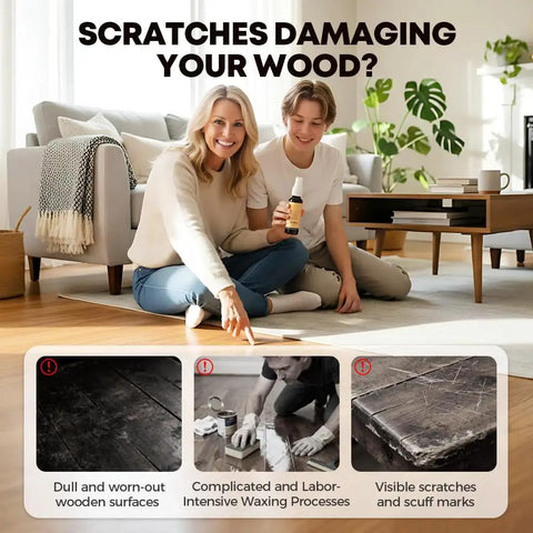 Two people with Easy Wood Repair Kit For Floors And Furniture Instant Scratch Remover in a living room with wooden surfaces.