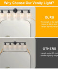 Comparison of Slick Black 5 Light Vanity Fixture With Clear Glass Shades showing size difference with shorter fixture.