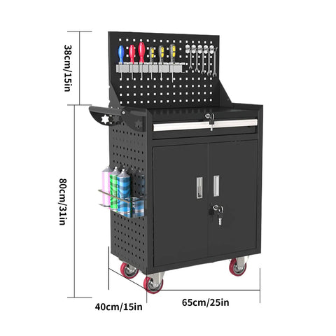 Rolling Tool Chest With Back Panel And Lockable Drawer On Wheels Built Tough For Workshop And Warehouse Heavy Duty Tool Organizer With Top Backboard For Hanging Tools Black, 65x40x80cm