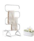 Fast Heating 120W Towel Warmer Rack In White With Built In Thermostat, S Shape Modern Bathroom Design with stacked white towels