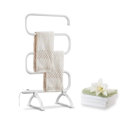 Fast Heating 120W Towel Warmer Rack In White With Built In Thermostat, S Shape Modern Bathroom Design with stacked white towels