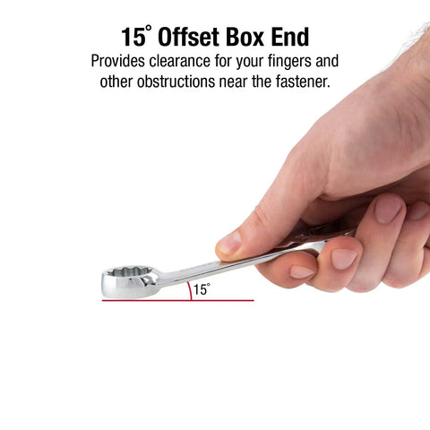 Hand holding SAE Stubby Wrench with 15-degree offset box end, emphasizing clearance for tight spaces