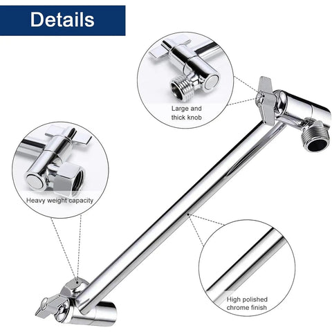 Close-up of chrome extension arm, heavy weight capacity, for Dual Rainfall Shower Combo With 11 Inch Extension Arm High Pressure Rain Head