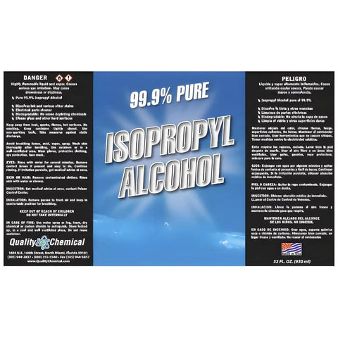 Isopropyl Alcohol 99.9 Percent Pure IPA Concentrate For Cleaning And Disinfection, Made In USA, 32 fl oz bottle label