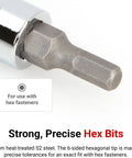 Close-up of S2 steel hex bit from One Quarter Inch Drive Hex Bit Socket Set, 20-Piece With Five Sixty-Fourths Through Five Sixteenths Inch And Two Through Eight Millimeter Sockets, S2 Steel Rails For Straight Connection And Durable Handy For Automotive, Home Projects.