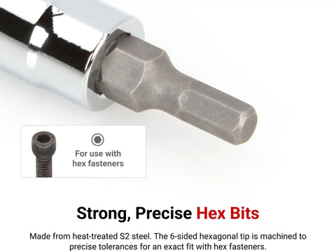 One Quarter Inch Drive Hex Bit Socket Built Tough In S2 Steel Nine Sixty Fourth Inch Hex close-up of steel hex bit.