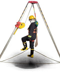 Built Tough Rescue Tripod Kit With Galvanized Steel Winch And Cable Industrial Fall Protection Rig For Confined Spaces and Emergency Lift Operations with a rescue mannequin.
