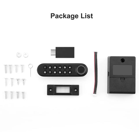 Smart Biometric Cabinet Lock With Fingerprint Password And USB Key package contents with screws and lock components.