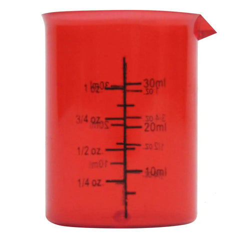 Red beaker from Beaker And Flask Shot Glass Set 4 Piece Plastic Lab Style Drinkware With Yellow Erlenmeyer And Blue Round Bottom Flasks And Two Beakers For Science Party Vibe And Mixologist Fun