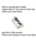 M6 T Slot Nuts For 4040 Aluminum Extrusion, Spring Ball Loaded Rollin Elastic Nuts, 8mm Slot, Carbon Steel, Close-up view.