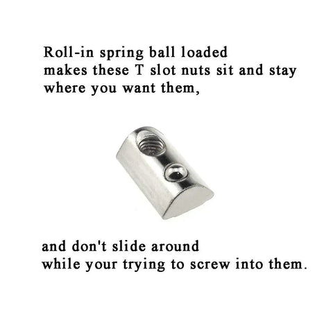 M6 T Slot Nuts For 4040 Aluminum Extrusion, Spring Ball Loaded Rollin Elastic Nuts, 8mm Slot, Carbon Steel, Close-up view.