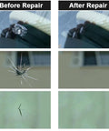 Before and after images using Windshield Repair Kit With High Penetration Resin And Pressure Syringes, DIY Auto Glass Chip And Crack Repair Tool Set, 2 Pieces Resin For Fixing Windshield Chips Scratches And Small Cracks, showing repaired chips and cracks.