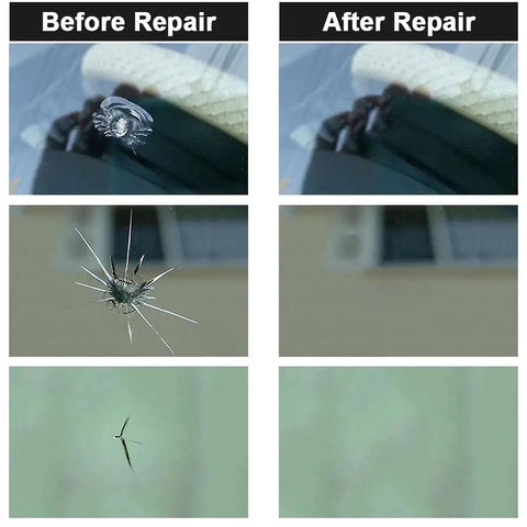 Before and after images using Windshield Repair Kit With High Penetration Resin And Pressure Syringes, DIY Auto Glass Chip And Crack Repair Tool Set, 2 Pieces Resin For Fixing Windshield Chips Scratches And Small Cracks, showing repaired chips and cracks.