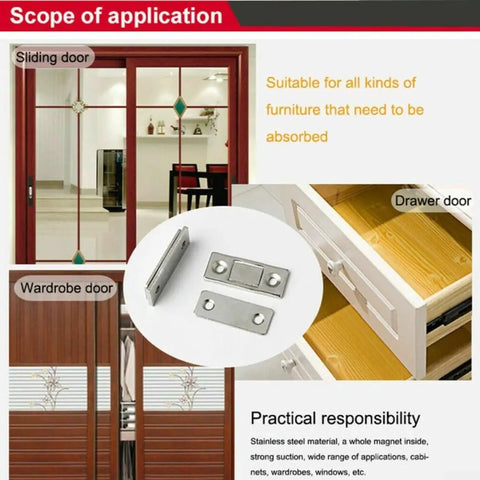 8 Pack Slim Magnetic Cabinet Catch Latches For Doors, Flush Mount Silver Hardware displayed with various door types.