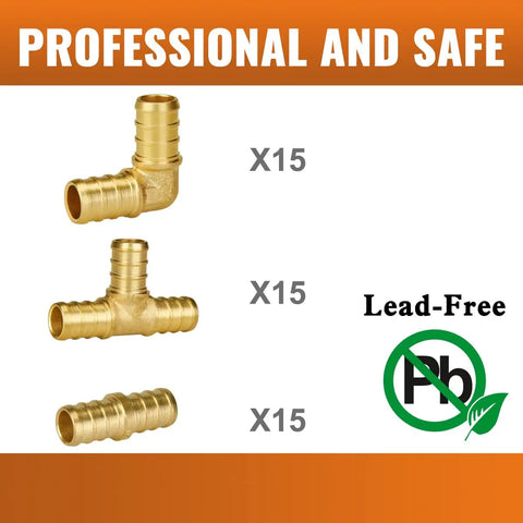Half Inch PEX B Fittings Set 45 Piece Plumbing Kit With 15 Elbows 15 Tees And 15 Couplings Lead Free Brass Drinking Water Safe