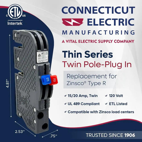 New Zinsco R381520 Twin 15/20 Amp Circuit Breaker Replacement for Zinsco Panels, ETL UL 489, two-pole, gray, side view