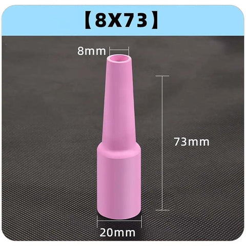 Premium Alumina Ceramic Argon TIG Welding Torch Nozzles For QQ150 QQ350 QQ500 Plus Extra Thick Wall Build Heat And Shock Resistance For Smooth Long Lasting Welds In Any Shop Setup 8 X 73MM Size. Pink nozzle showing dimensions.