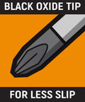 Close-up of Phillips screwdriver black oxide tip from 2 Piece Phillips And Slotted Screwdriver Set Pro Grade With Dual Material Handles Extra Long Blades Speed Zone Grip For Fast Low Torque Turns Non Slip Black Oxide Tips For Secure Fit And Durable Performance.