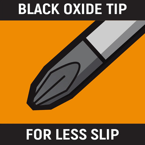Close-up of Phillips screwdriver black oxide tip from 2 Piece Phillips And Slotted Screwdriver Set Pro Grade With Dual Material Handles Extra Long Blades Speed Zone Grip For Fast Low Torque Turns Non Slip Black Oxide Tips For Secure Fit And Durable Performance.