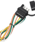 Straight Up Heavy Duty 25 Inch Four Way Flat Trailer Plug With Protective Dust Cover Male 4 Pin WiringHarness Cable close-up view showing connectors and wires.