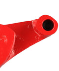 Close-up of the Pro Manual Steel Pipe Bender With Fan Shaped Die showing red steel components for precise bends in various tubes.