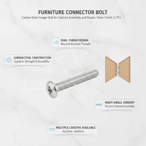 Dual Thread Hanger Bolt For Furniture Assembly And Woodworking, wood threads on one end and machine threads on the other, silver finish