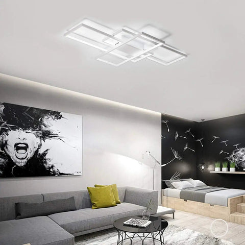Modern living room with Three Square Geometric LED Ceiling Light Fixture, Modern Flush Mount 75W Cool White 6000K Acrylic Lamp