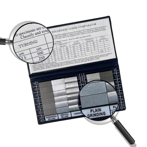 Surface Finish Comparator Set Ra 0.05 To 12.5 Micrometers, 30 hardened steel blocks with magnified focus on Plain Grinding surface.
