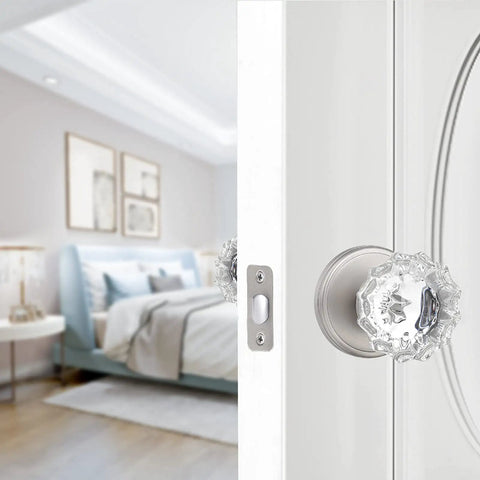 Crystal Glass Door Knobs With Lock Satin Nickel Finish For Interior Doors Privacy 3 Pack For Bathroom And Bedroom Fits Standard One And Three Eighths To One And Three Quarters Inch Doors Sleek Install And Classy Hardware