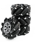 97mm Mecanum Wheels for AGV Robots set including left and right wheels with hexagonal metal couplings, black omnidirectional wheel assembly.