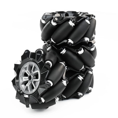 97mm Mecanum Wheels for AGV Robots set including left and right wheels with hexagonal metal couplings, black omnidirectional wheel assembly.
