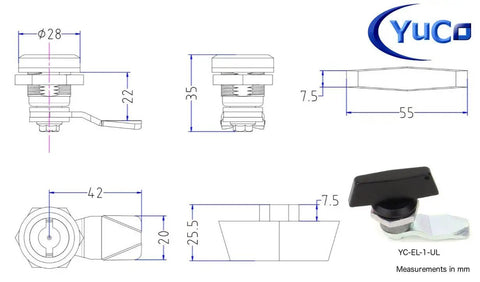 Technical drawing and photo of locking mechanism, dimensions in mm, by YuCo. Suitable for Heavy Duty IP66 16 Gauge Metal Enclosure.