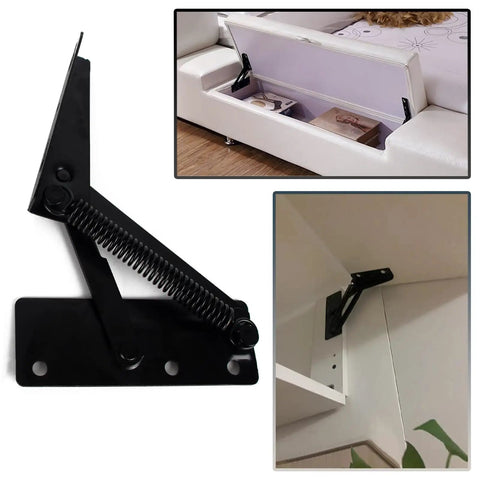 Black Heavy Duty Stainless Steel 80 Degree Foldable Lifting Brackets With Rock Solid Spring Action And Top Shelf Hardware Support For Cabinet Doors And Drawers Two Pack installed on a cabinet.