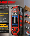 Image of Rugged Seven In One Wall Scanner Stud Finder With Integrated Laser Distance Meter, featuring screen and buttons.