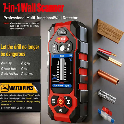 Image of Rugged Seven In One Wall Scanner Stud Finder With Integrated Laser Distance Meter, featuring screen and buttons.