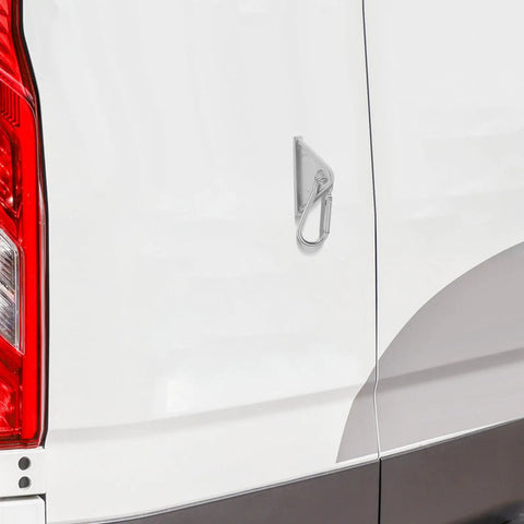 Top Notch Silver Aluminum Triangle Sliding Hooks For T Slot Tracks on a white vehicle door with a carabiner clip.