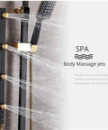 Slick Brass Wall Mounted Shower Mixer Set Featuring Top Shelf Rainfall Head And Hella Powerful Massage Jets Smooth Operator Faucet with body massage jets spraying water.